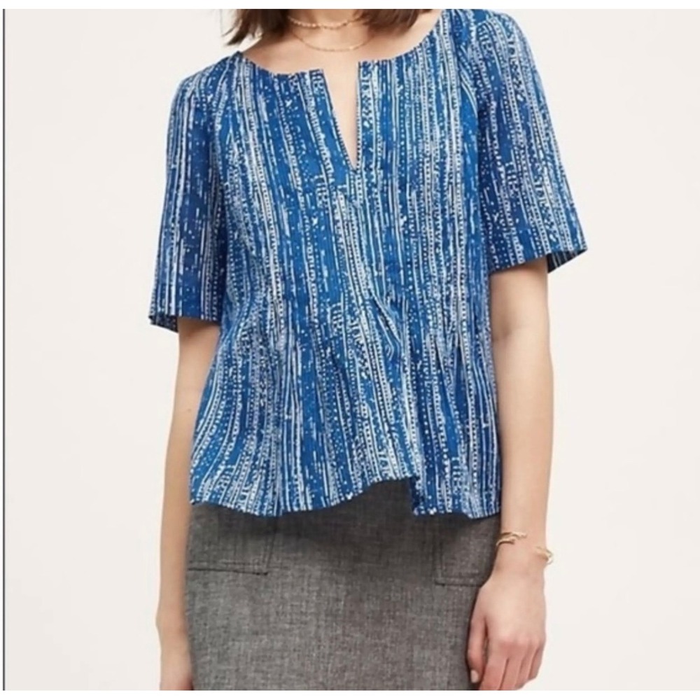 Maeve Anthropologie Blue White Abstract Stripe Split Neck Peplum Blouse Size 4